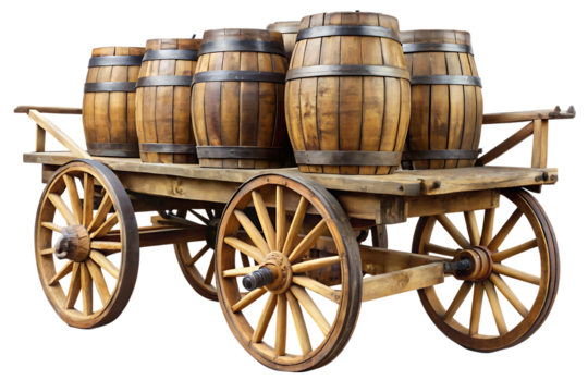 Wooden cart filled with six barrels on a cutout png isolated on a transparent background - Powered by Adobe