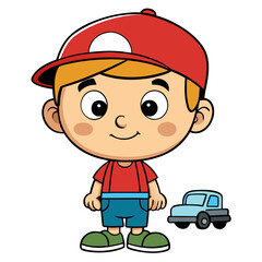 Cartoon Little Boy Wearing Red Cap, Playful Child Holding Object, Fun and Cheerful Illustration