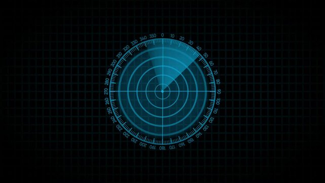 Futuristic blue radar screen display with rotating sweep and grid background digital interface technology concept
