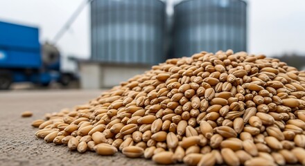 Obraz premium Golden wheat grain pile industrial background golden color