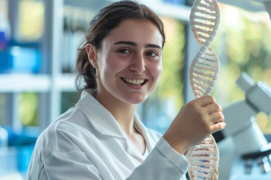 Smiling young scientist holding dna model in laboratory