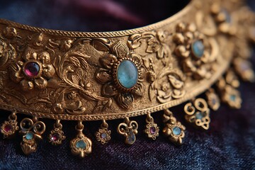 Close-up of an antique gold necklace with intricate floral engravings and delicate gemstone inlays, displayed on a velvet background