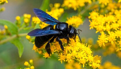 Close-up of a dark bee on yellow flowers
