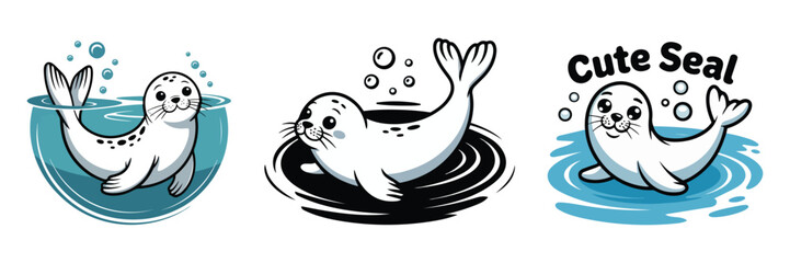 Fototapeta premium Set cute seal playing in the water vector art on white background