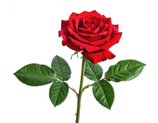 Single crimson rose with leaves on white background