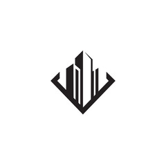 Fototapeta premium A modern, abstract black and white logo design featuring stylized skyscrapers within a geometric diamond frame, representing urban development and corporate identity.