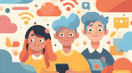 Diverse young people connect and interact with digital media, surrounded by cloud networks and technology symbols, illustrating modern online communication and social engagement - Powered by Adobe
