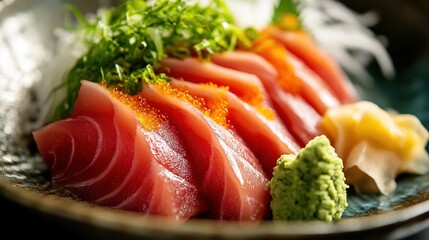 A vibrant platter of sashimi featuring thin slices of fresh fish, garnished with wasabi, pickled ginger, and shredded greens, served on a decorative plate.