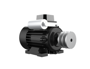 Black AC Induction Motor with Grey Pulley System for Heavy Industry and Manufacturing - High Definition 3D Rendered Electrical Equipment Isolated on a PNG Transparent Background for Technical Projects