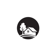 A minimalist graphic icon featuring a charming house nestled beside a graceful tree within a clean circular design, symbolizing home, nature, and property development.