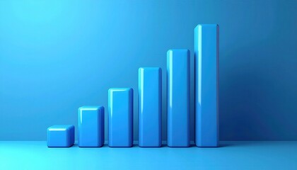 A 3D rendering showcases a rising graph composed of five ascending blue bar charts, symbolizing growth and progress against a matching blue backdrop, presented with smooth, glossy surfaces.