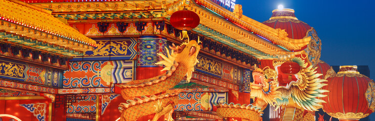 Beijing, China. Large Lantern Composition At Zigong Lantern Festival. National Color. Chinese Dragon Is Legendary Creature In Chinese Mythology Symbolize Potent And Auspicious Powers, Particularly