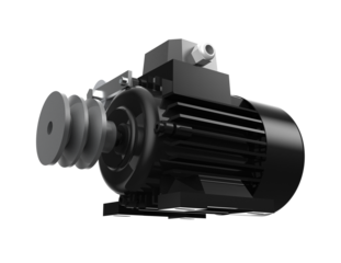 Black AC Induction Motor with Grey Pulley System for Heavy Industry and Manufacturing - High Definition 3D Rendered Electrical Equipment Isolated on a PNG Transparent Background for Technical Projects