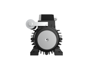 Black AC Induction Motor with Grey Pulley System for Heavy Industry and Manufacturing - High Definition 3D Rendered Electrical Equipment Isolated on a PNG Transparent Background for Technical Projects