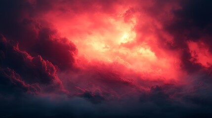 Fototapeta premium Dramatic crimson clouds, a turbulent sky aglow with ethereal light and shadow