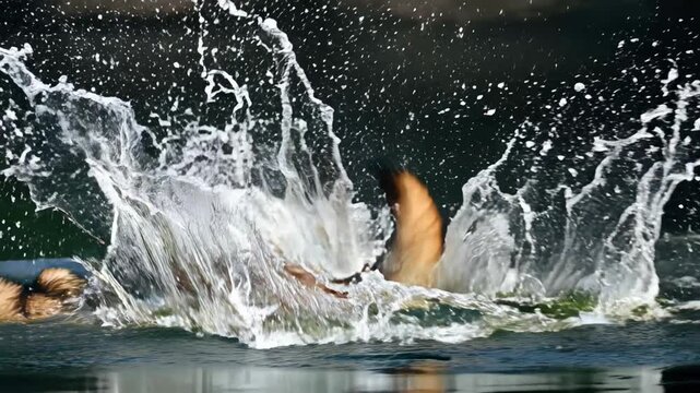 Sleek wolf blasts across rippled water, muscles taut and tail outstretched, sending sparkling arcs skyward; a heroic wilderness sprint perfect for themes of power, freedom and unstoppable drive.