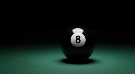 A black eight ball sits on a green surface, illuminated against a dark background.