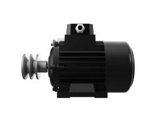 Black AC Induction Motor with Grey Pulley System for Heavy Industry and Manufacturing - High Definition 3D Rendered Electrical Equipment Isolated on a PNG Transparent Background for Technical Projects