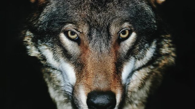 Front-facing wolf with piercing eyes, symmetrical composition and velvet-dark background; a commanding wildlife portrait that signals strength, focus and the uncompromising spirit of the wild.