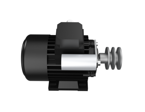 Black AC Induction Motor with Grey Pulley System for Heavy Industry and Manufacturing - High Definition 3D Rendered Electrical Equipment Isolated on a PNG Transparent Background for Technical Projects