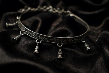 Old silver anklet with engraved tribal patterns and tiny bell charms, photographed on dark silk
