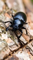 Close-up of a dark beetle on tree bark