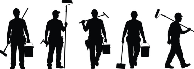 Worker silhouettes, cleaning tools, painting gear, maintenance crew, mop, bucket, 