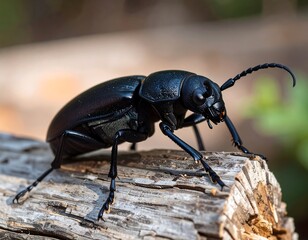 Close-up of a dark beetle on a log