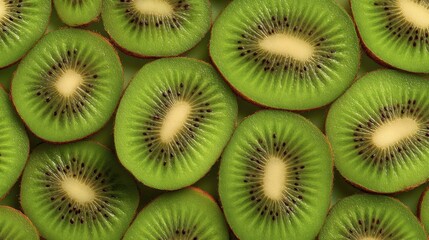 Fototapeta premium Bright Green Kiwi Slices Scattered Food Background