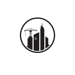 Obraz premium A sleek circular logo illustrates a modern city skyline with diverse buildings and an active construction crane, symbolizing urban expansion and architectural design.