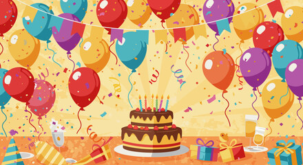 illustration of a birthday celebration with balloons, cake, and confetti in a festive design.