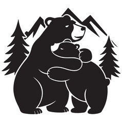 Two Bears Hugging with Mountains and Pine Trees – Black and White Silhouette Illustration