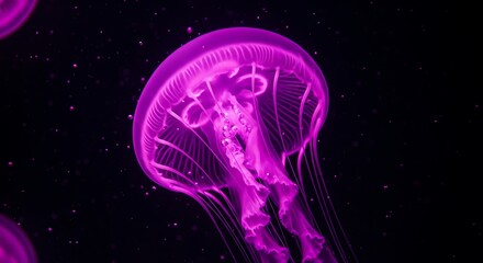 Fototapeta premium Enchanting luminescence: A vibrant, pink jellyfish gracefully dances in the dark abyss evoking a sense of otherworldly