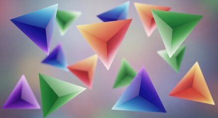 A vibrant abstract composition featuring floating, colorful three-dimensional triangular shapes.