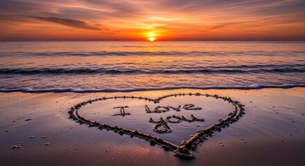 A heart drawn in the sand with "I love you" inscription at sunset over the ocean.