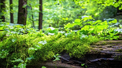 Lush Green Moss and Bright Leaves on a Tree Log in a Sunlit Forest Setting