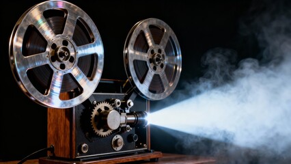 Naklejka premium Vintage film projector projecting beam of light with smoke in dark room