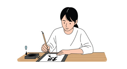 Young Woman Practicing Traditional Chinese Calligraphy with Brush and Ink, Concentrating on Her Artwork on a Wooden Table, Skillful Asian Art