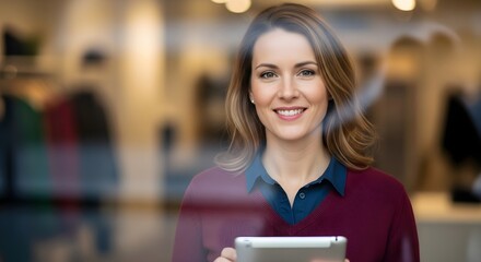 Smiling businesswoman looking at the camera while holding a tablet device in a modern office environment, portraying professionalism and technology