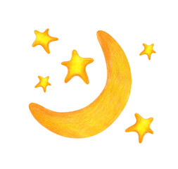 A crescent moon with stars, hand-drawn in pencils, on a white background. Children's illustration of the moon and golden stars with colored pencils. Isolated. Clipart.