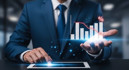 Business man showing declining graph suit tablet