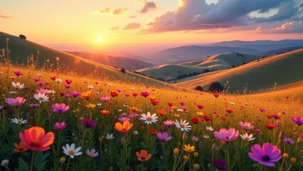 Fototapeta premium Golden Hour Meadow Vibrant wildflowers bloom across rolling hills bathed in the warm glow of a setting sun, creating a picturesque landscape of nature's beauty.
