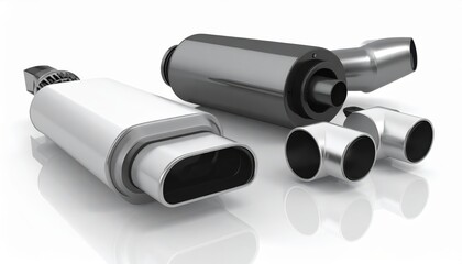 Fototapeta premium Metallic exhaust components featuring a polished finish, showcasing a cylindrical shape with oval exits alongside angled and straight pipes, reflecting on a bright, white surface, suitable for...