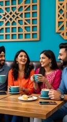 Four friends of Indian descent enjoying coffee together in a bright and lively cafe setting