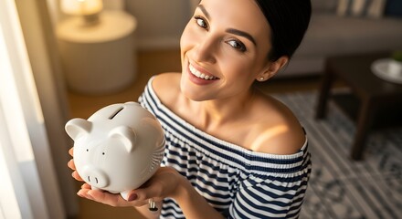 Happy woman holding a piggy bank, saving money for future financial security and goals