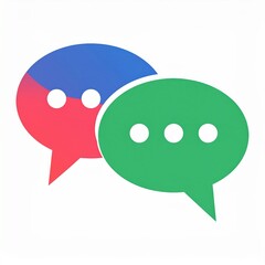 Two overlapping speech bubbles, one green and one split blue and red, with three dots in each, suggesting communication.