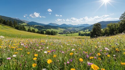 Fototapeta premium Scenic Landscape with Vibrant Flowers, Mountains, and Blue Sky in a Rural Countryside Setting