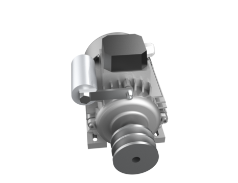 High-Resolution 3D Render: Powerful Metallic Industrial Electric Motor with Drive Pulley. Ideal for Energy Efficiency, Mechanical Devices, and Modern Industrial Production Machinery. Isolated PNG.