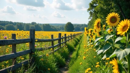 Fototapeta premium Rustic wooden fence lines a sunlit path meandering through a vibrant field of sunflowers and wildflowers, a picturesque summer scene.