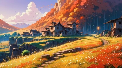  ゲーム背景　秋の夕焼けと地平線に見えるグラデーション空と街並みの現代風景